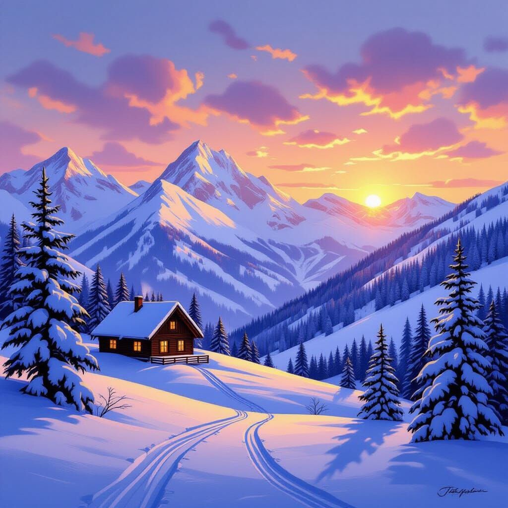 Serene Winter Mountain Sunset with Cozy Cabin