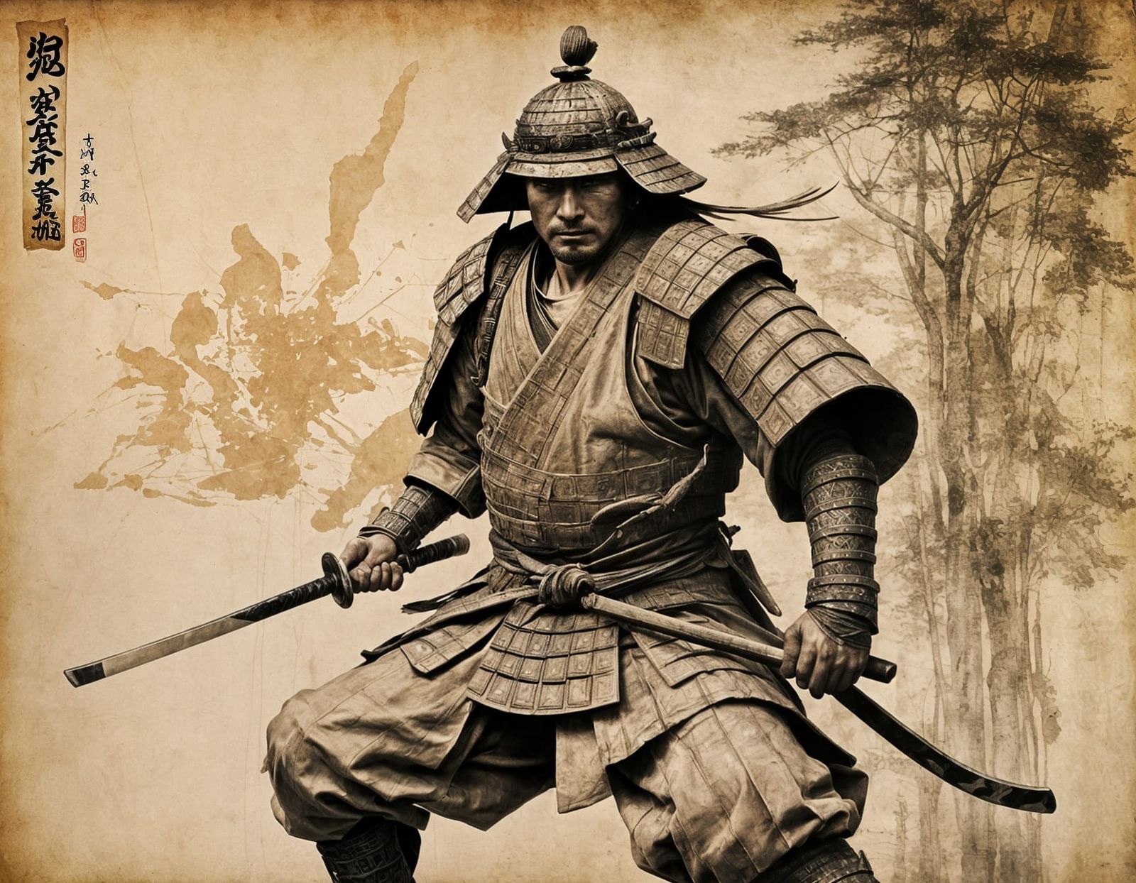 Samurai Warrior and Master Preparing for Battle