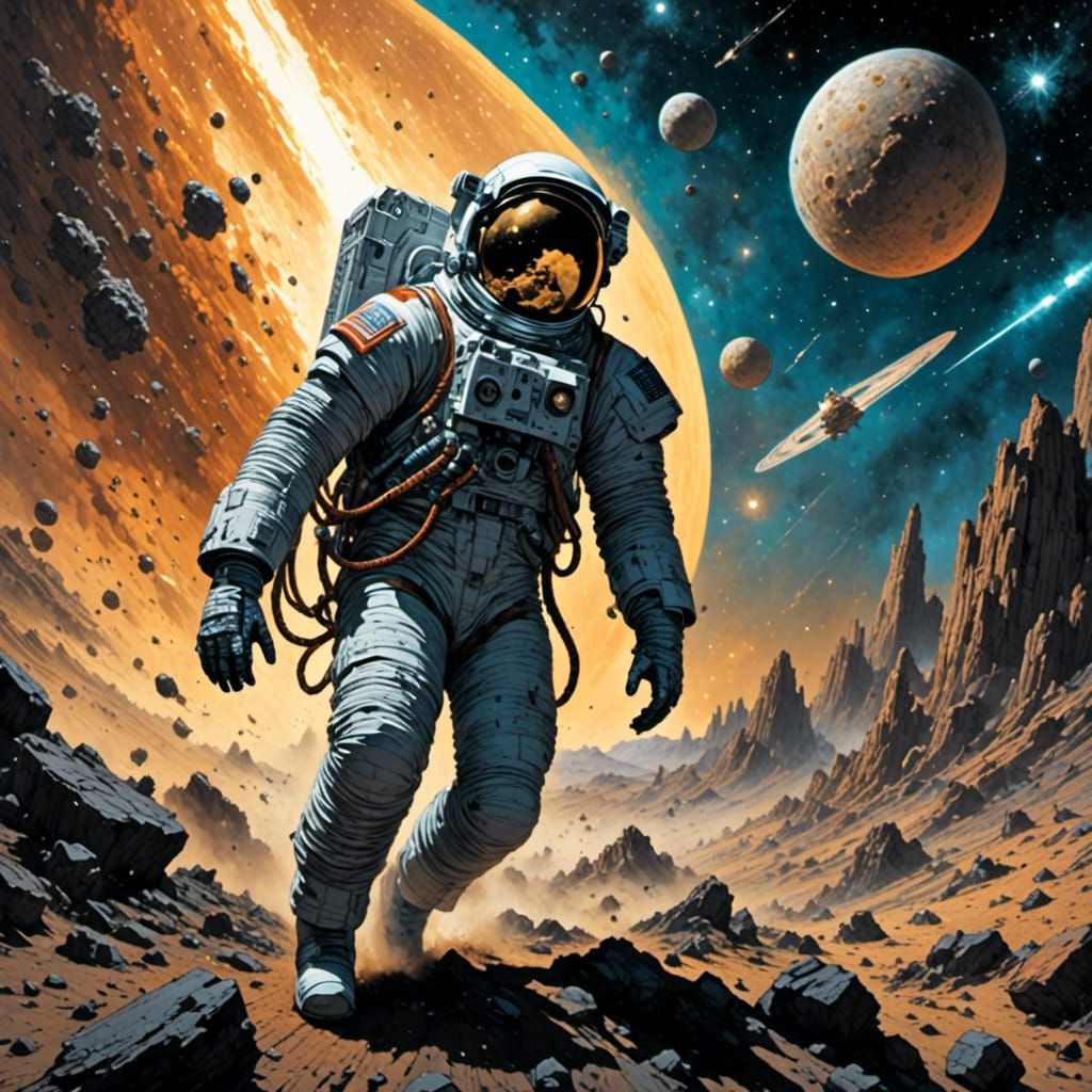 Spaceman navigating an asteroid field <lora:Caffeinated Cosm...