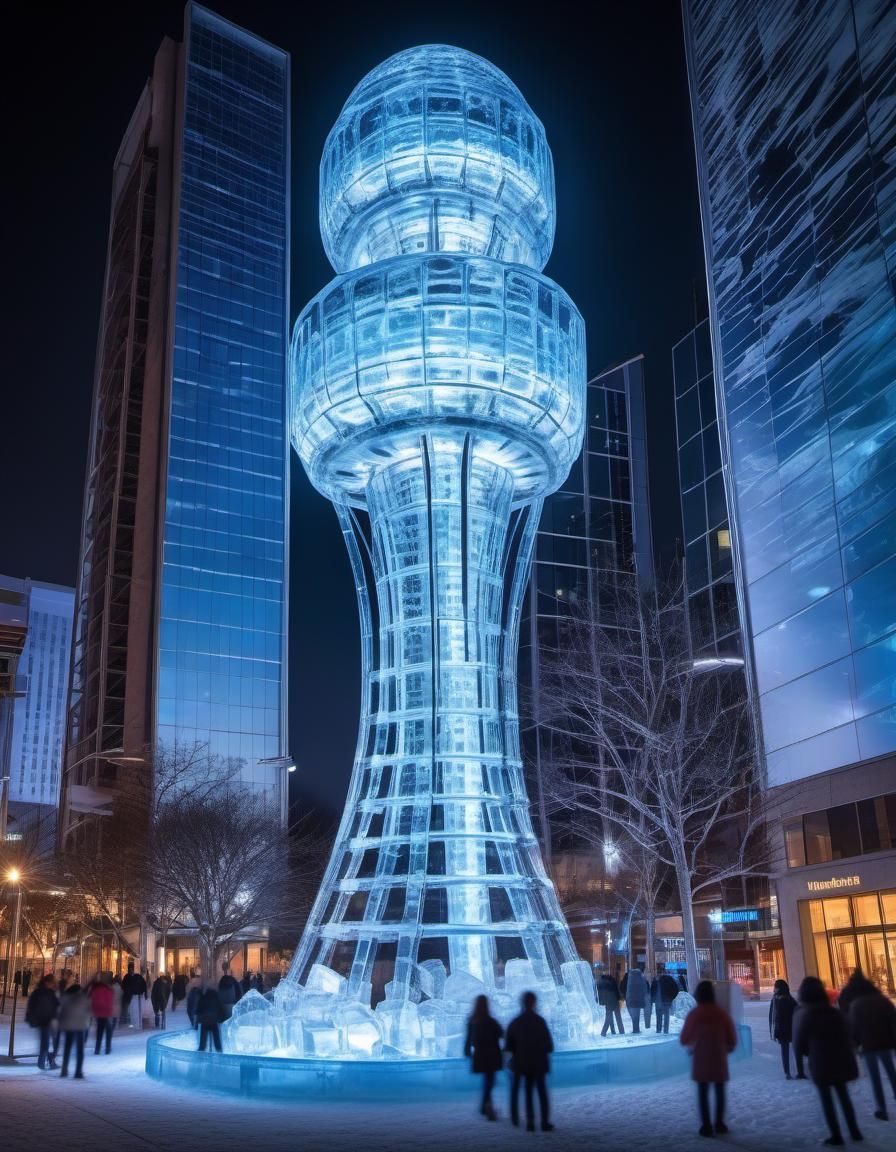 Detailed Ice Sculpture of a Glowing Tower