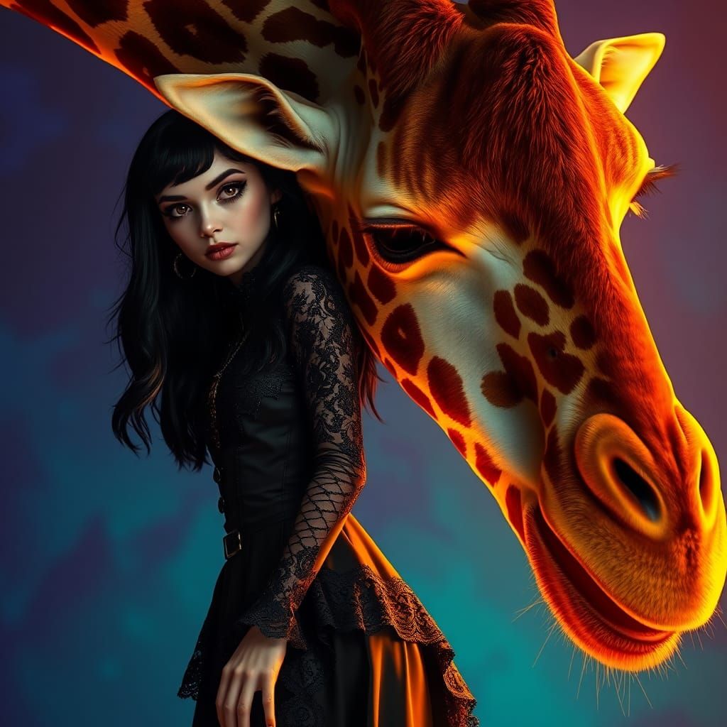 Goth Girl and Giraffe in Hyperrealistic Style