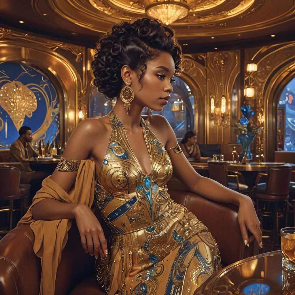 Retro-Futuristic Woman in Art Nouveau Lounge