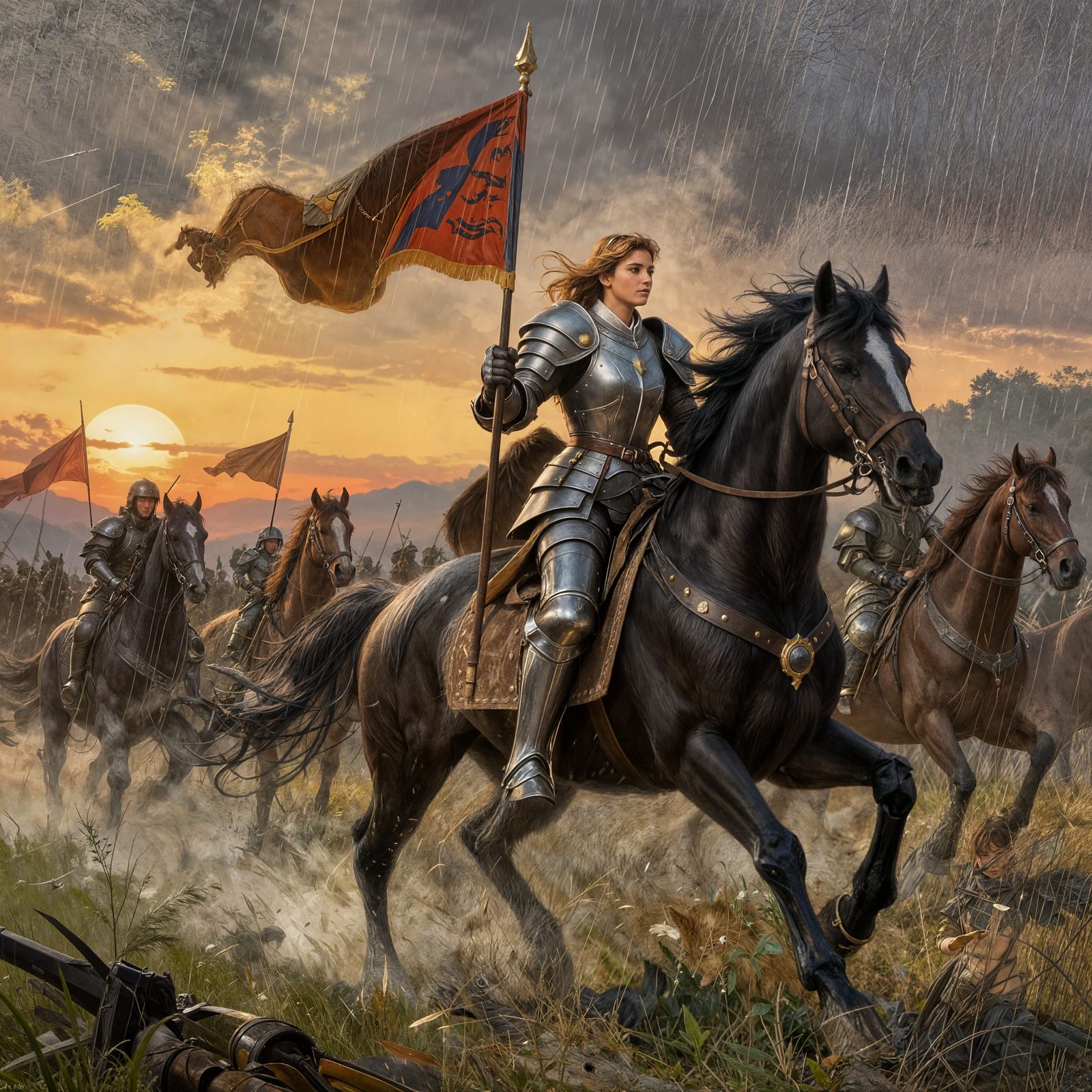 Warrior Angel Leading Cavalry Charge at Sunset