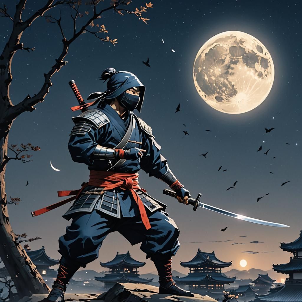 Ukiyo-e Ninja Contemplates Moonlit Night