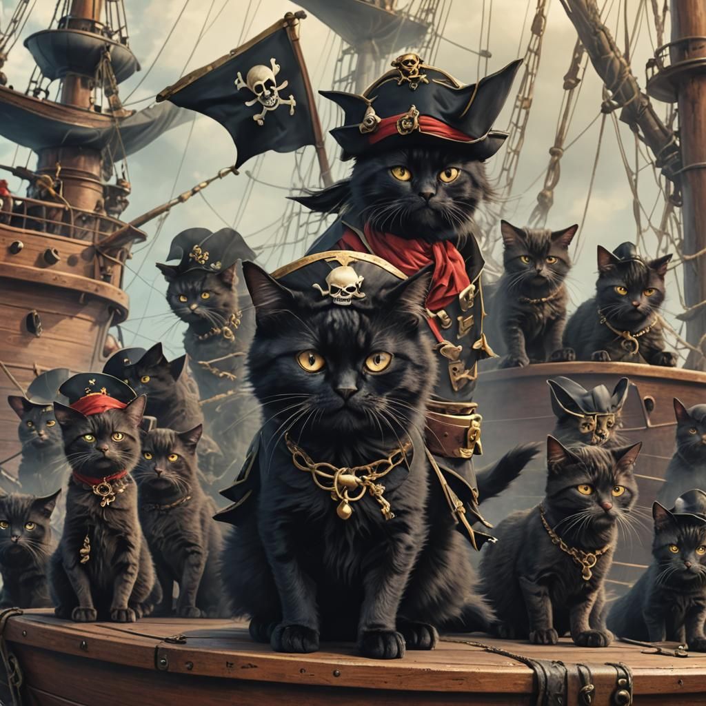 Evil Pirate Cat on Ship with Crew