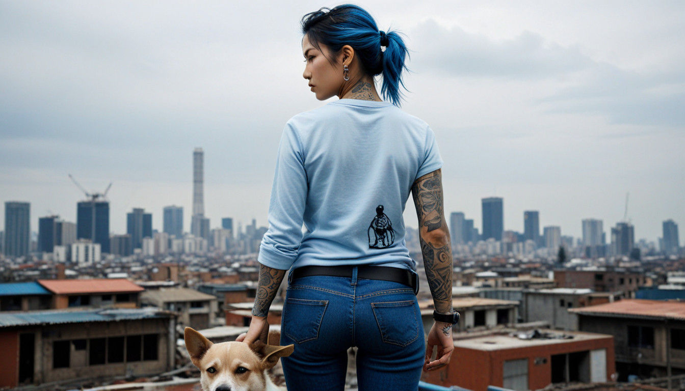 Gritty Warrior Woman with Mohawk and Tattoos in Blue Attire...