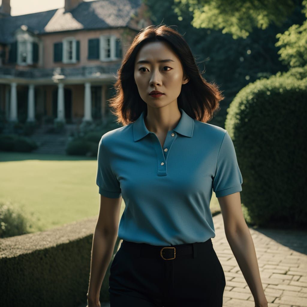 Woman in Manor Backyard: Cinematic Film Still