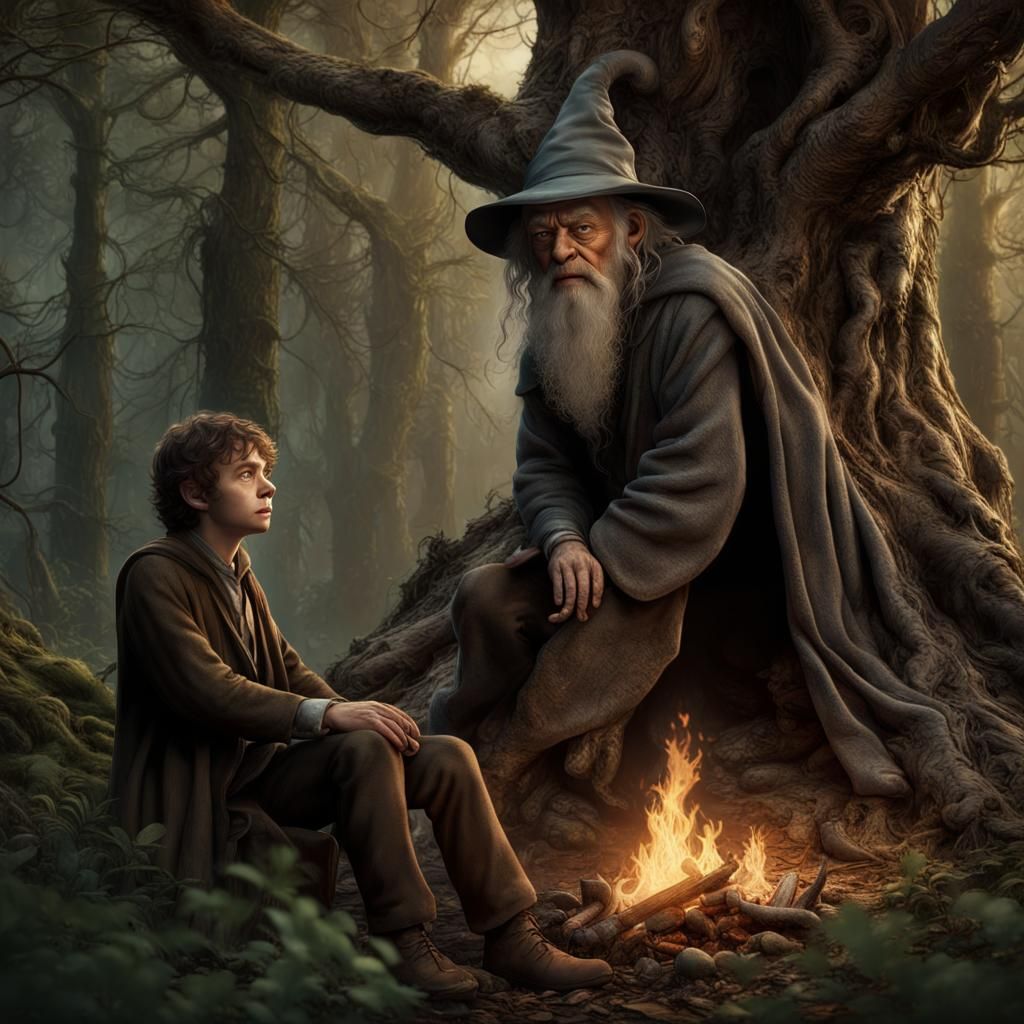 Frodo Baggins, Gandalf, sitted in the middle of the victoria...