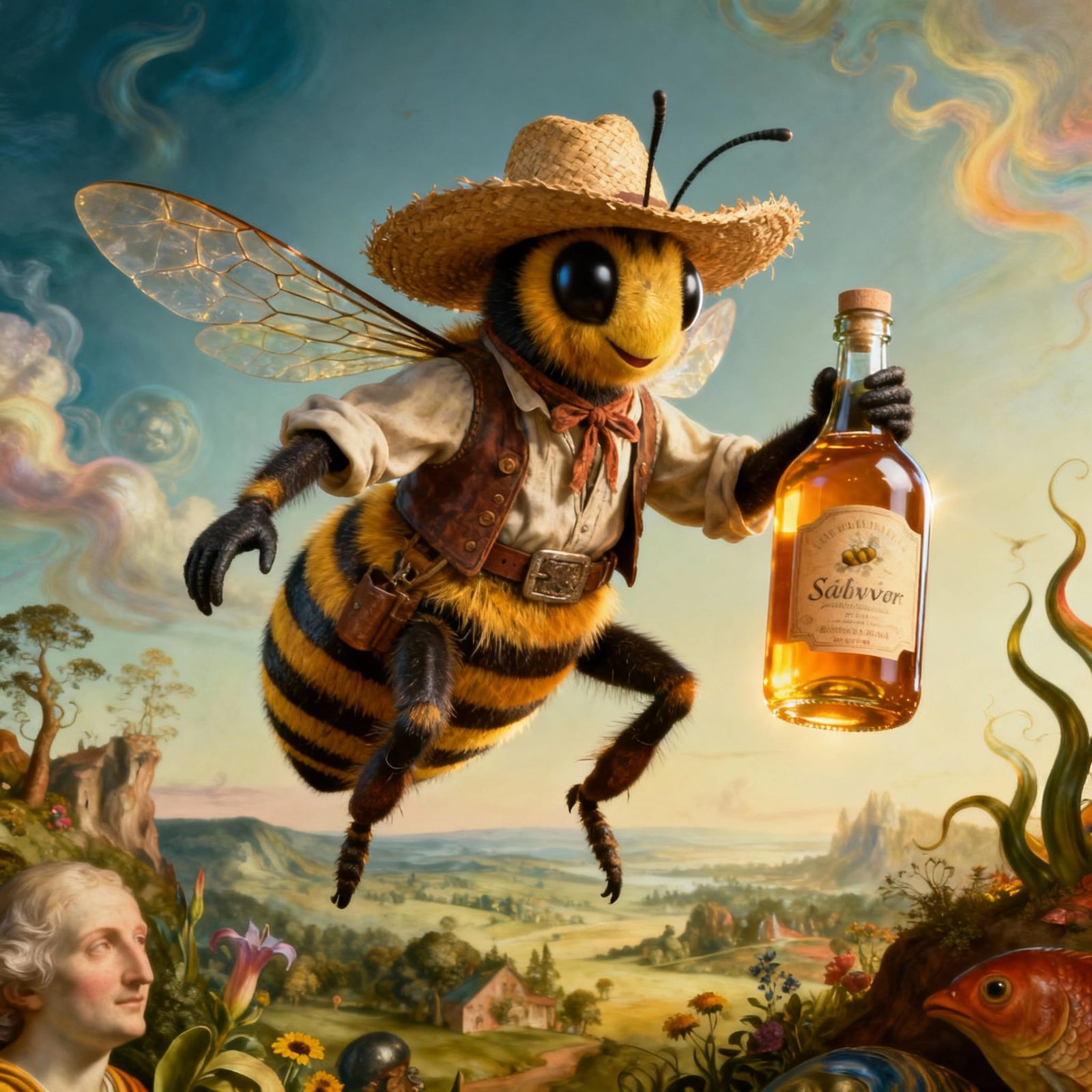 Surreal Hillbilly Honeybee with Mead in Dreamlike Landscape