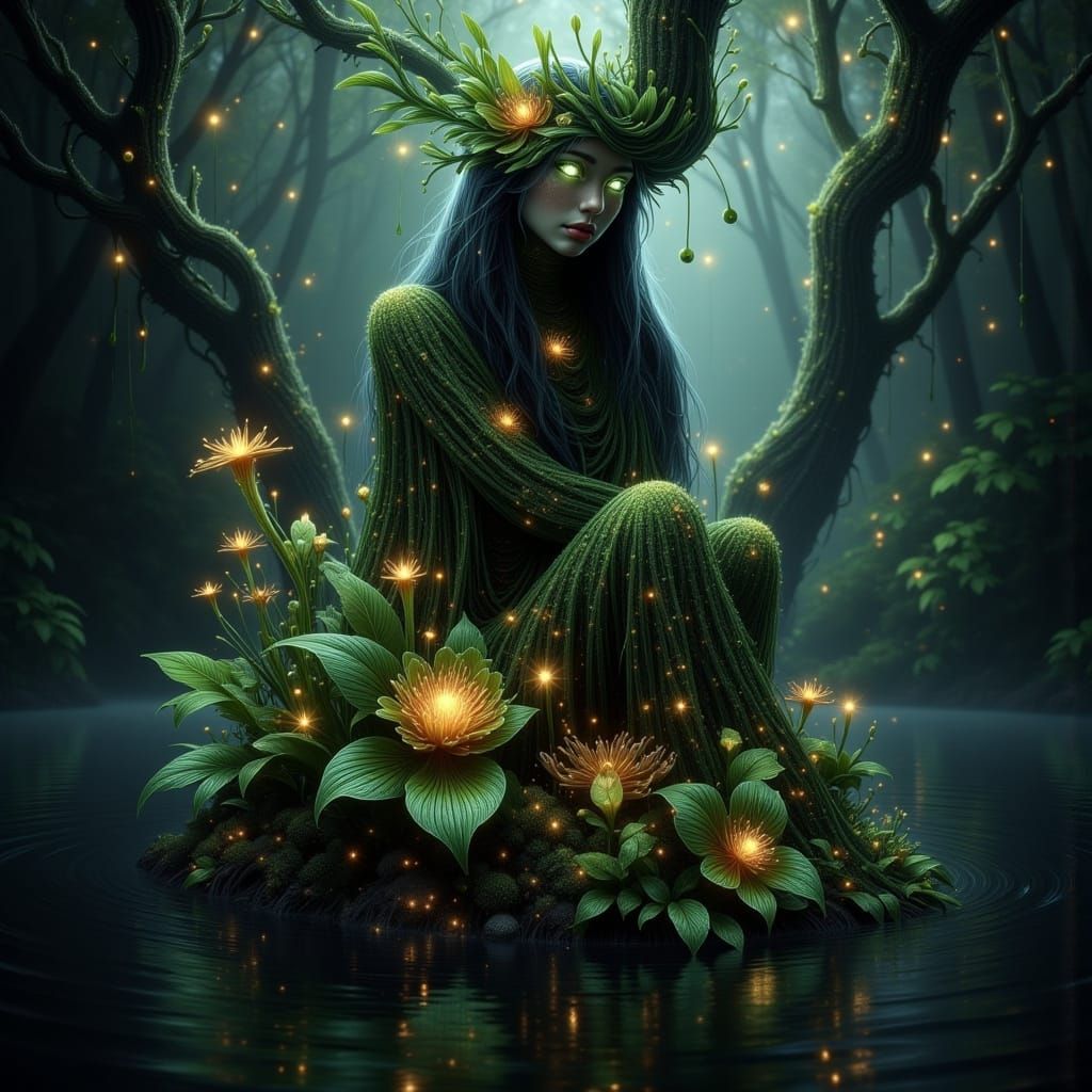 Swamp Fairy Emerging from Murky Depths in Dark Fantasy