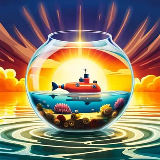 Cartoon Yellow Submarine in Fishbowl, Cel-Shaded Style