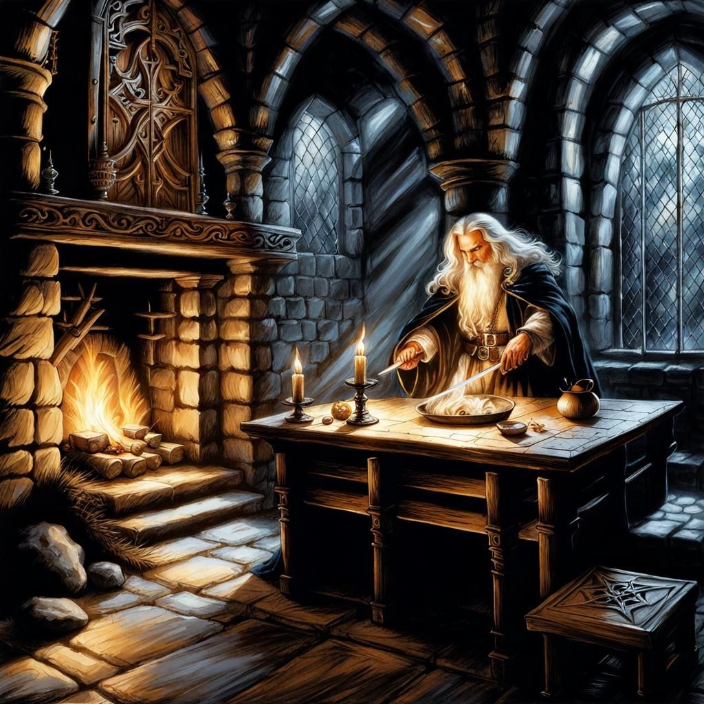 Powerful Wizard Casting Spells in Medieval Castle