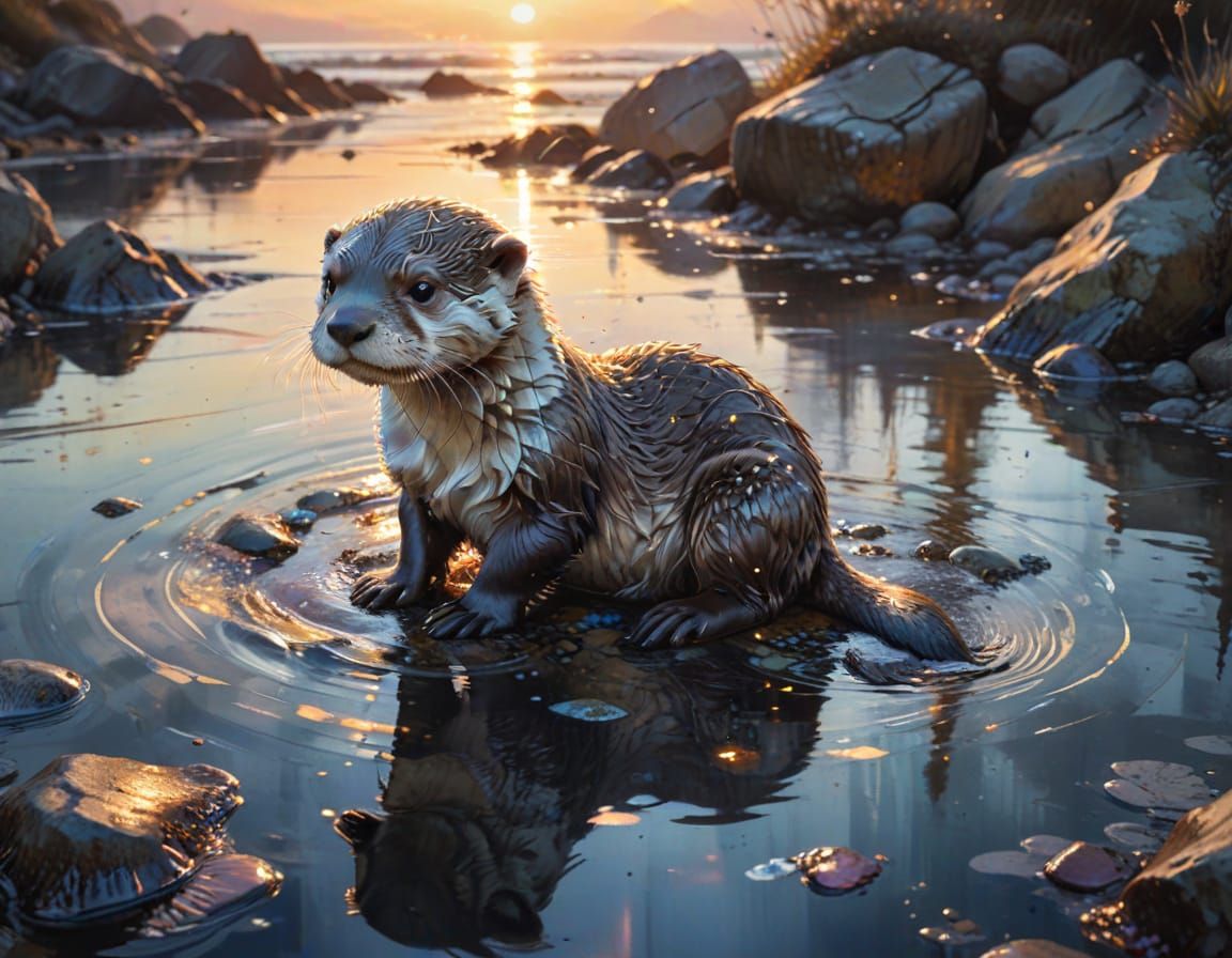 Otter on Sapphire Tide Pool, Watercolor Summerscape