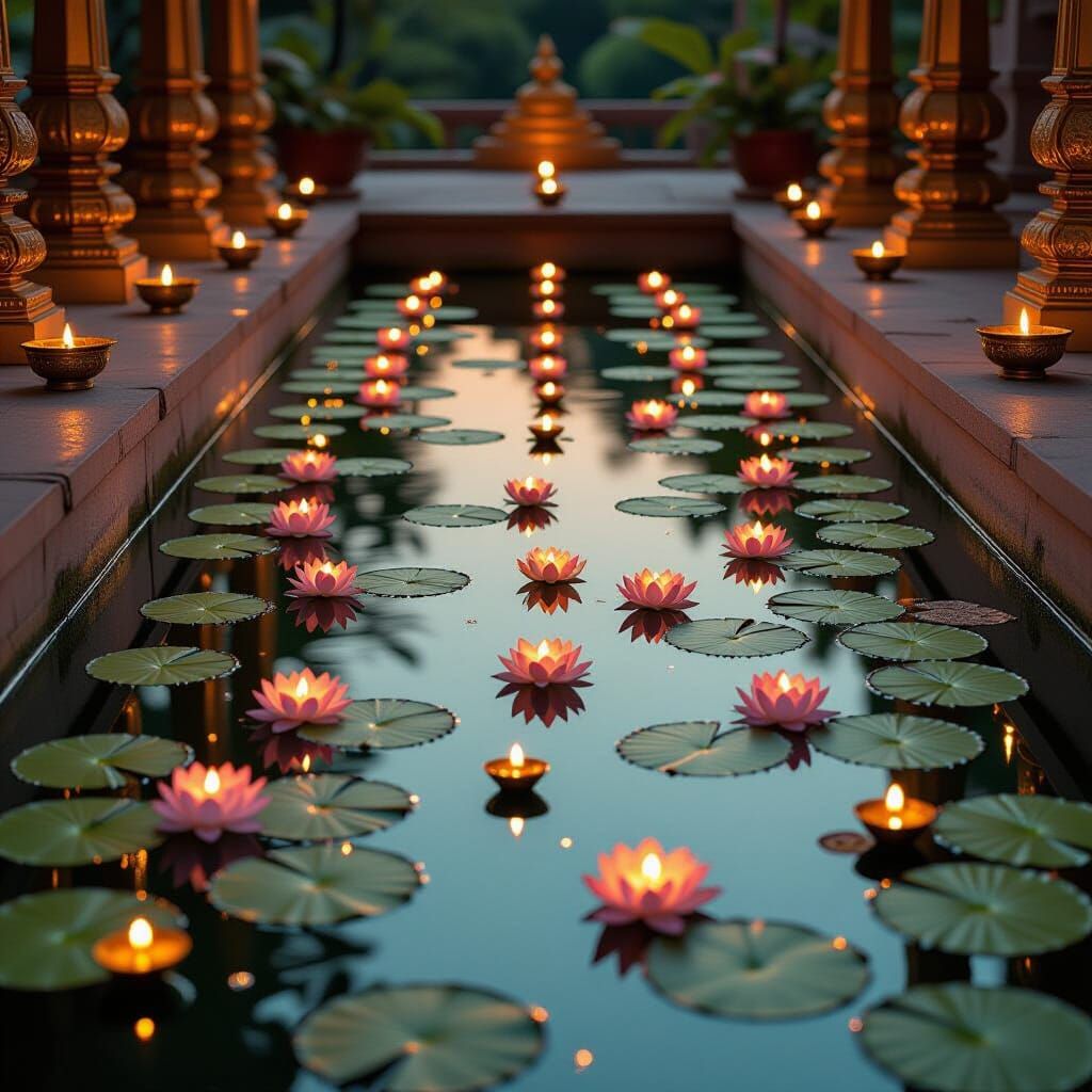 Temple Pond at Dusk with Lotus Flowers in Pichwai Style