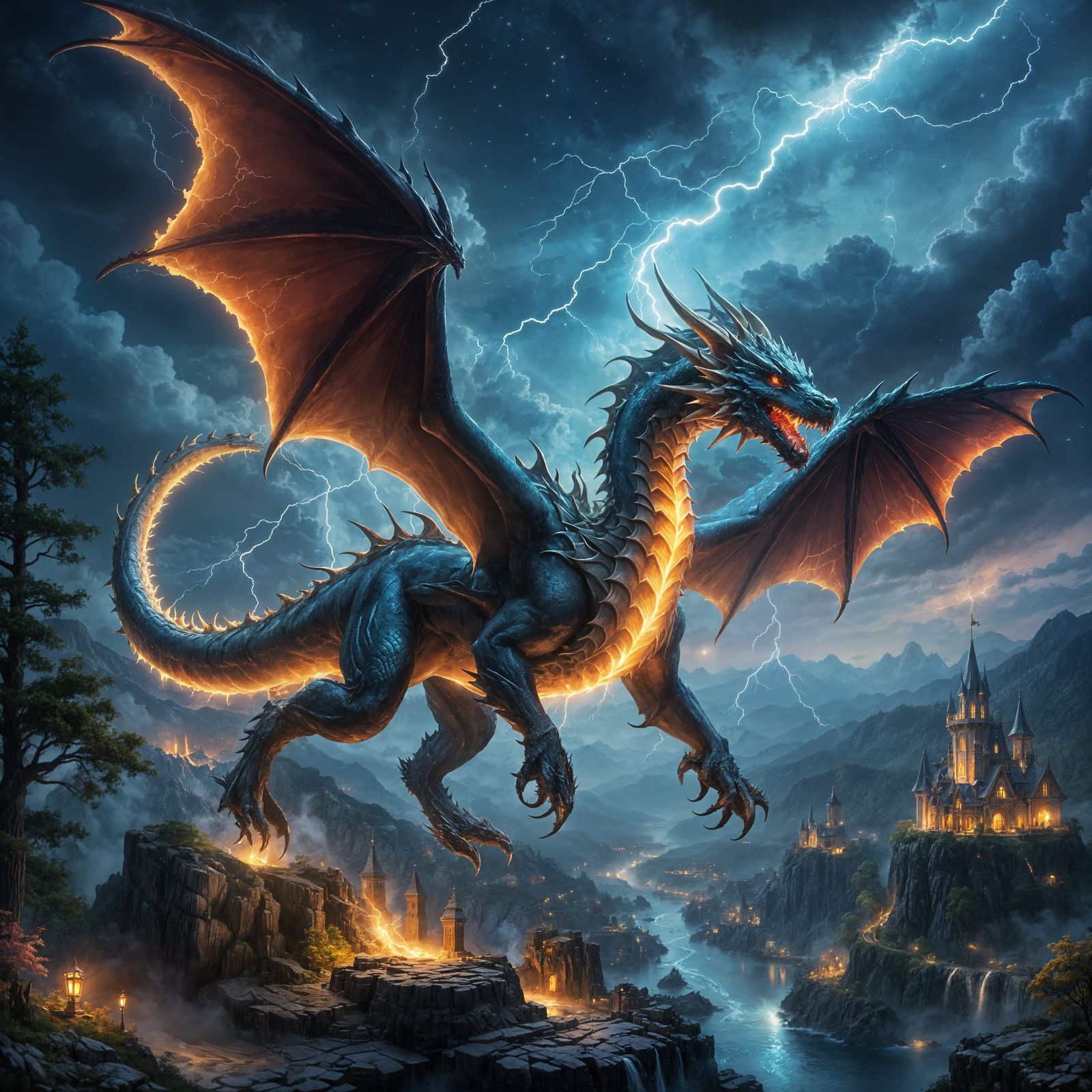 Ethereal Lightning Dragon in Night Sky