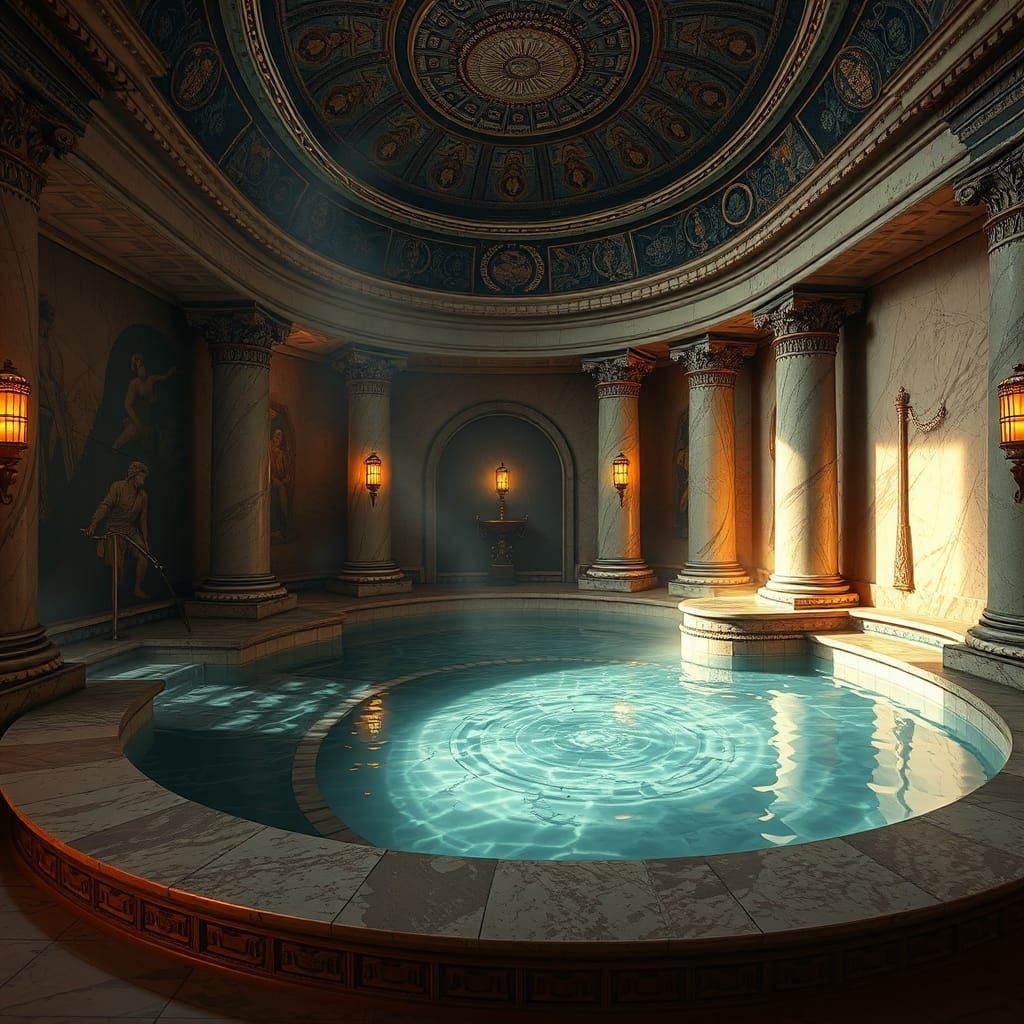 Ancient Roman Caldarium with Golden Lighting