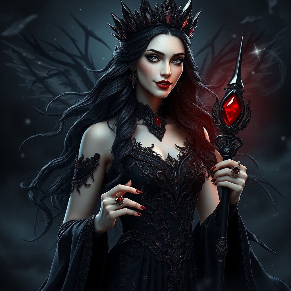 Majestic Dark Queen with Obsidian Gown and Crystal Diadem