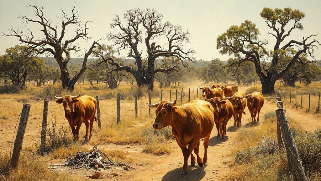 Australian Cattle Landscape in Earthy, Impressionistic Style