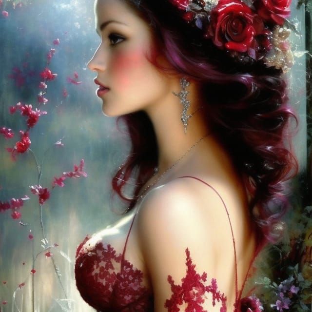 Vibrant Crystal Shop in Sunlight, Detailed Red Lace