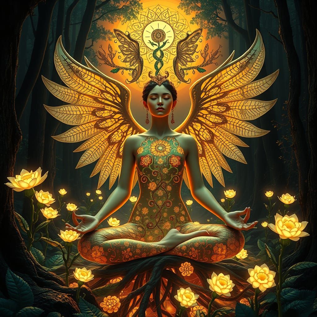 Surreal Goddess Rises from the Earth, Adorned in Golden Patt...