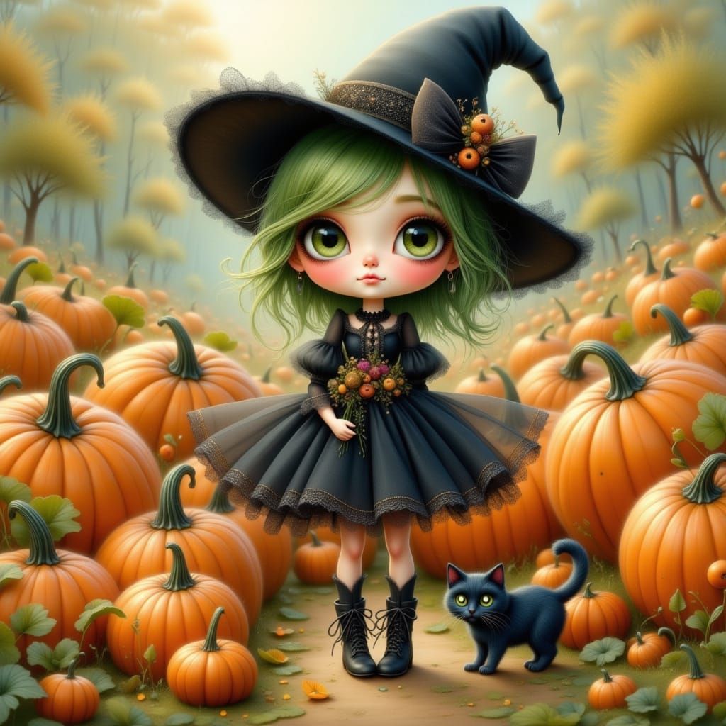 Cute Witch Girl and Cat in Pumpkin Field