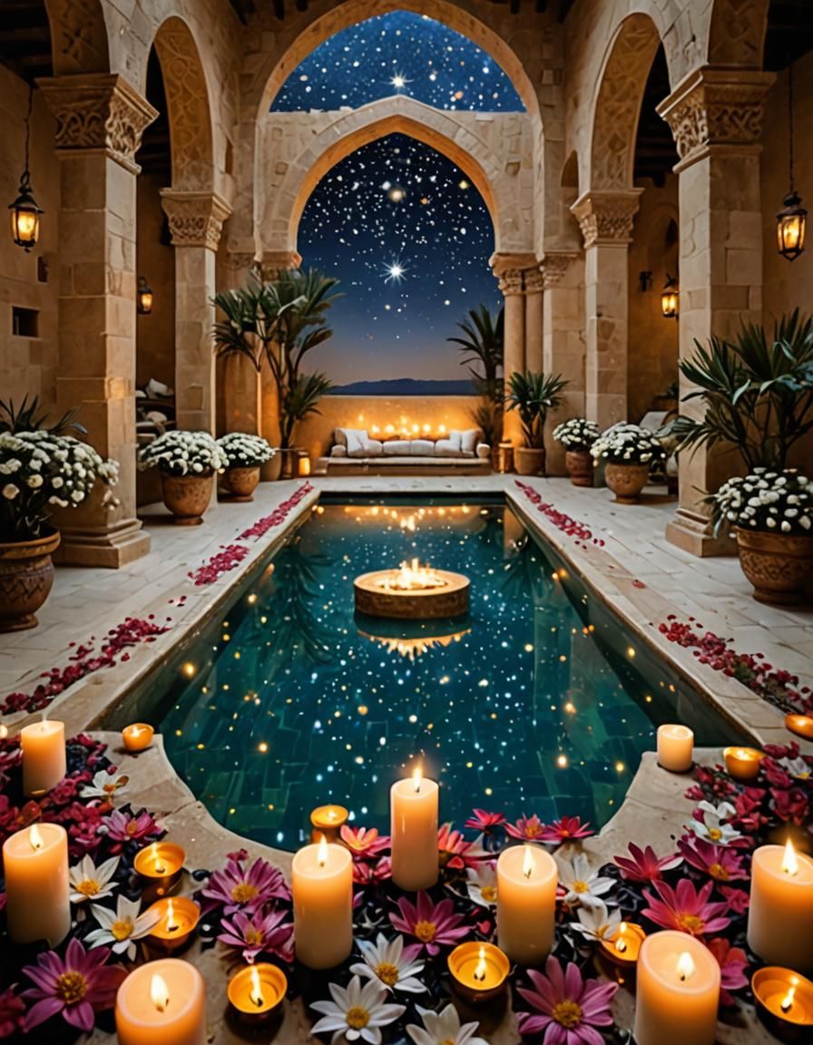 Magical Arabian Swimming Pool with Arches and Flowers
