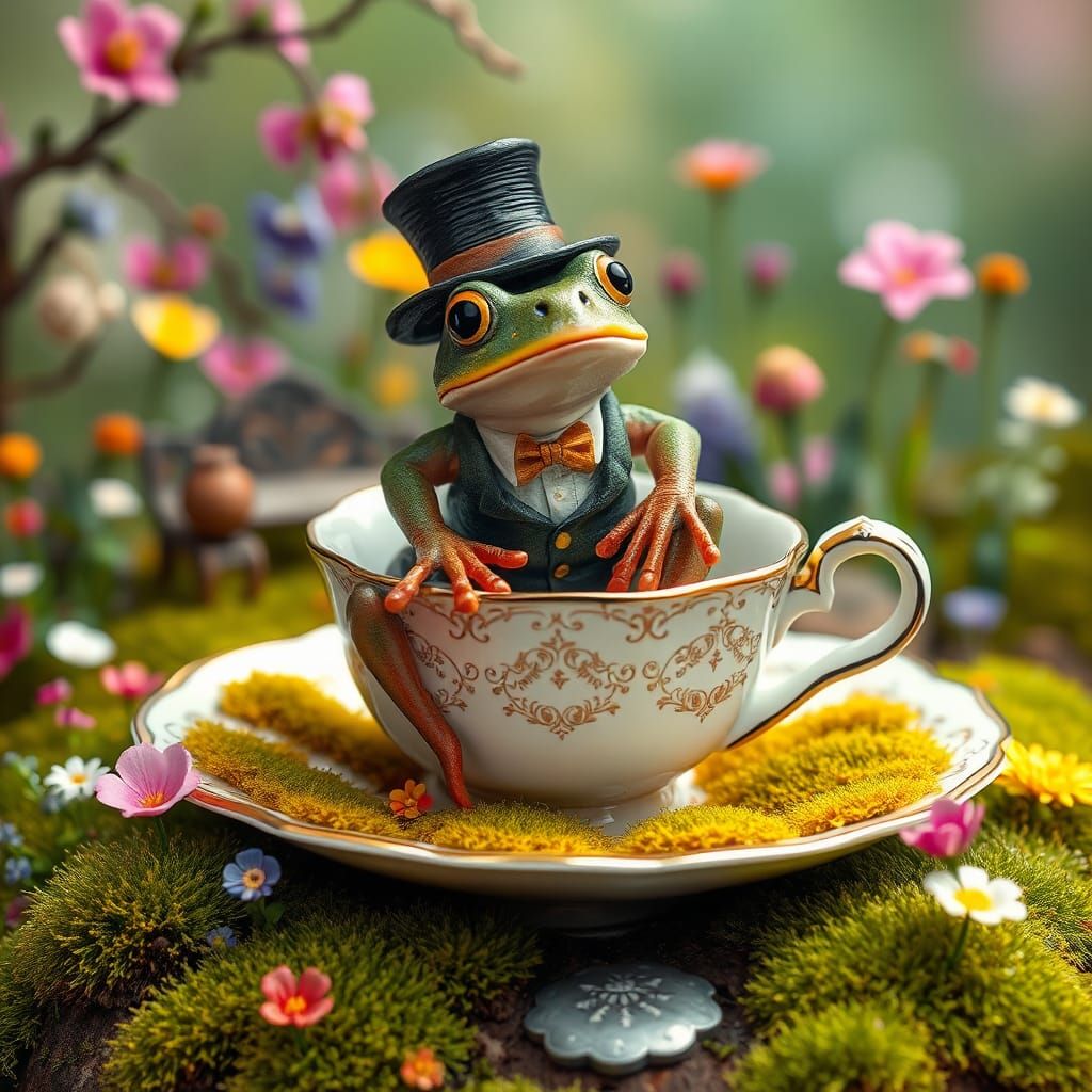 Frog in Teacup Garden: Whimsical Fairy Tale Scene