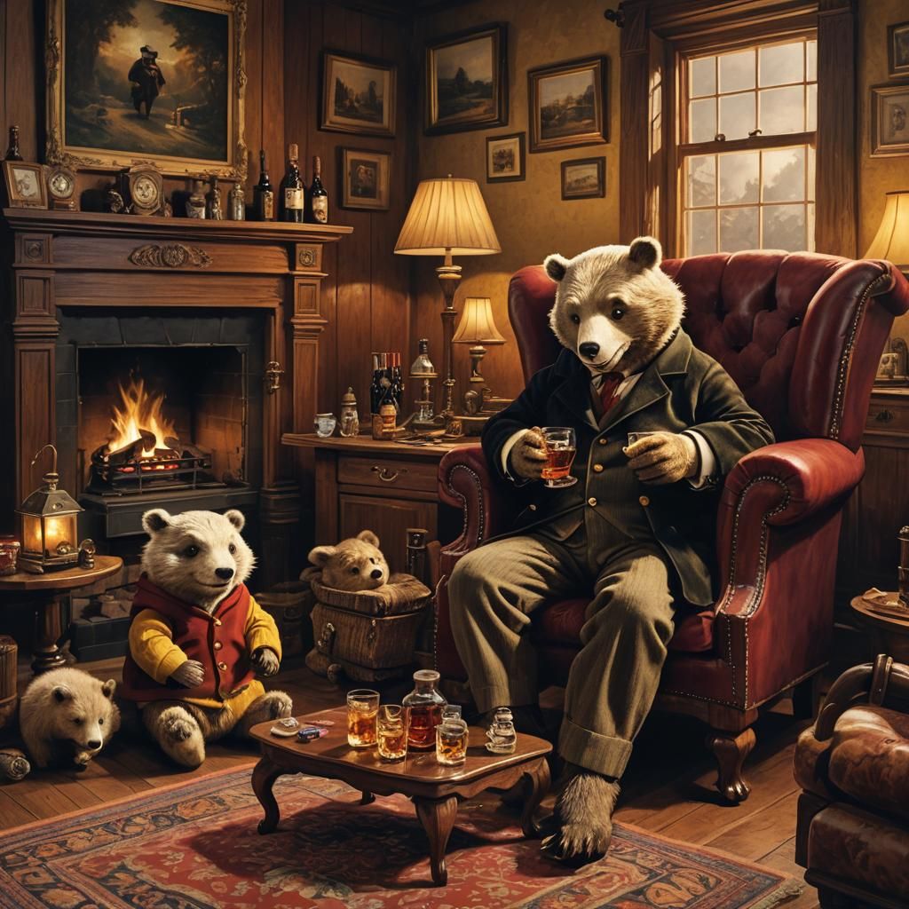 Rupert Bear and Badger Enjoying Whiskey, Photorealistic