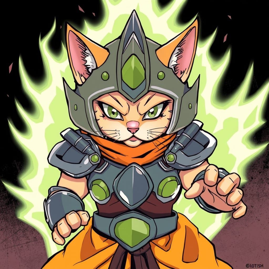 Cyberpunk Feline Warrior in Saiyan Armor