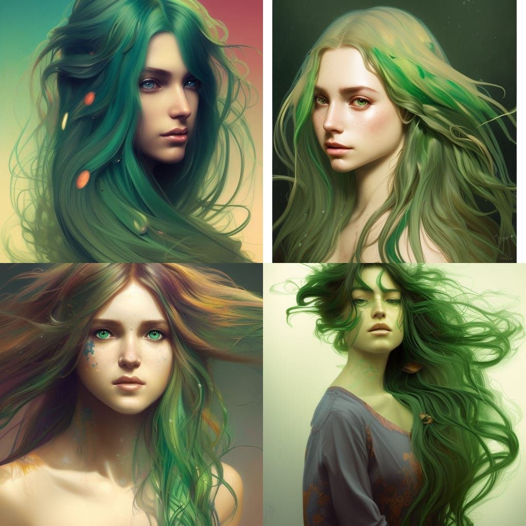 Green-Haired Hippie Girl Portrait in Art Nouveau Style
