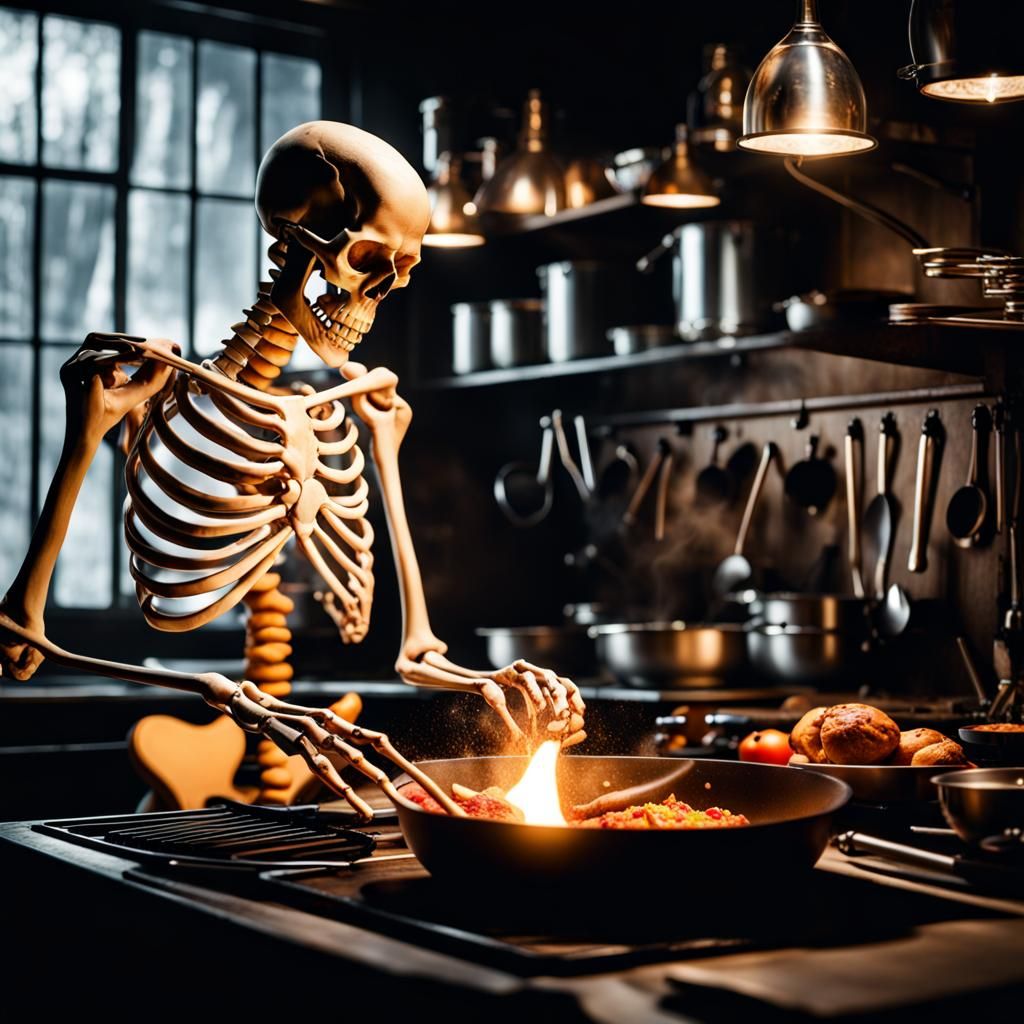 Skeleton Master Chef Cooking in Hyperrealistic Style