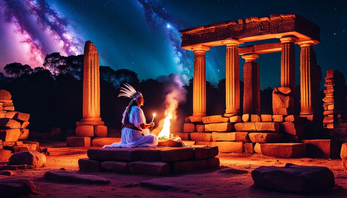 Guarani Shaman Healing Ritual in Cosmic Vaporwave Style