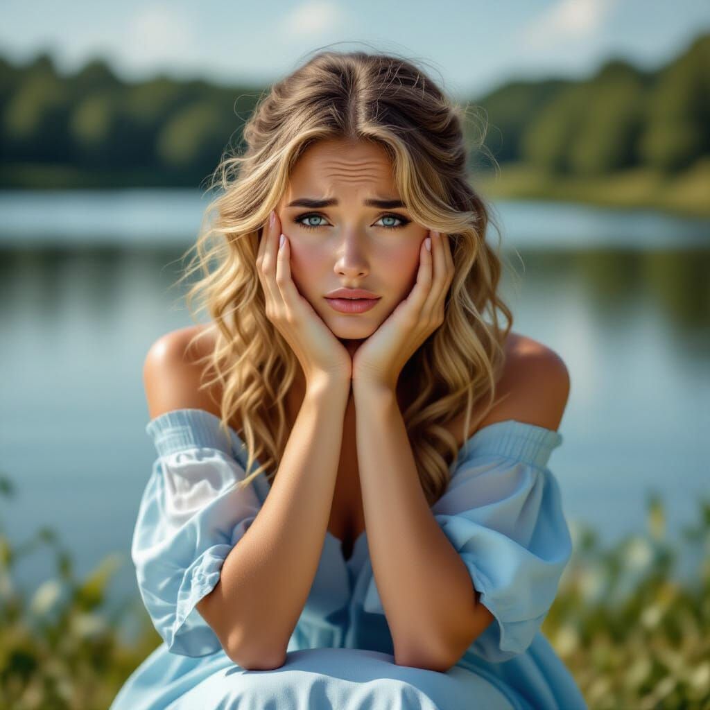 European Woman in Tears by Lake, Hyperrealistic Style