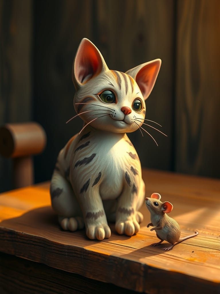 Whimsical Clay Cat Surrounded by Fearful Mouse, in a Beatrix...