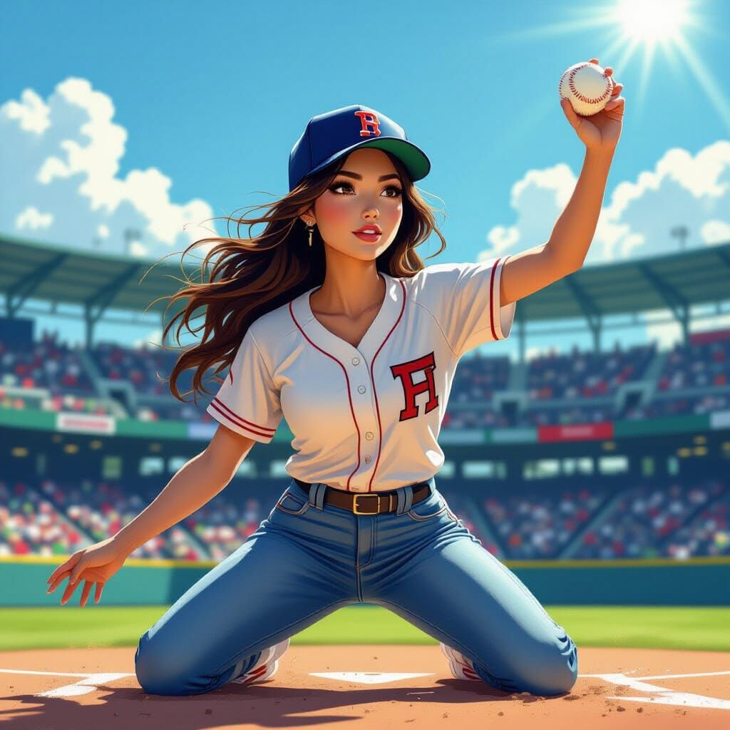 Woman Pitcher in Baseball Game, Digital Art