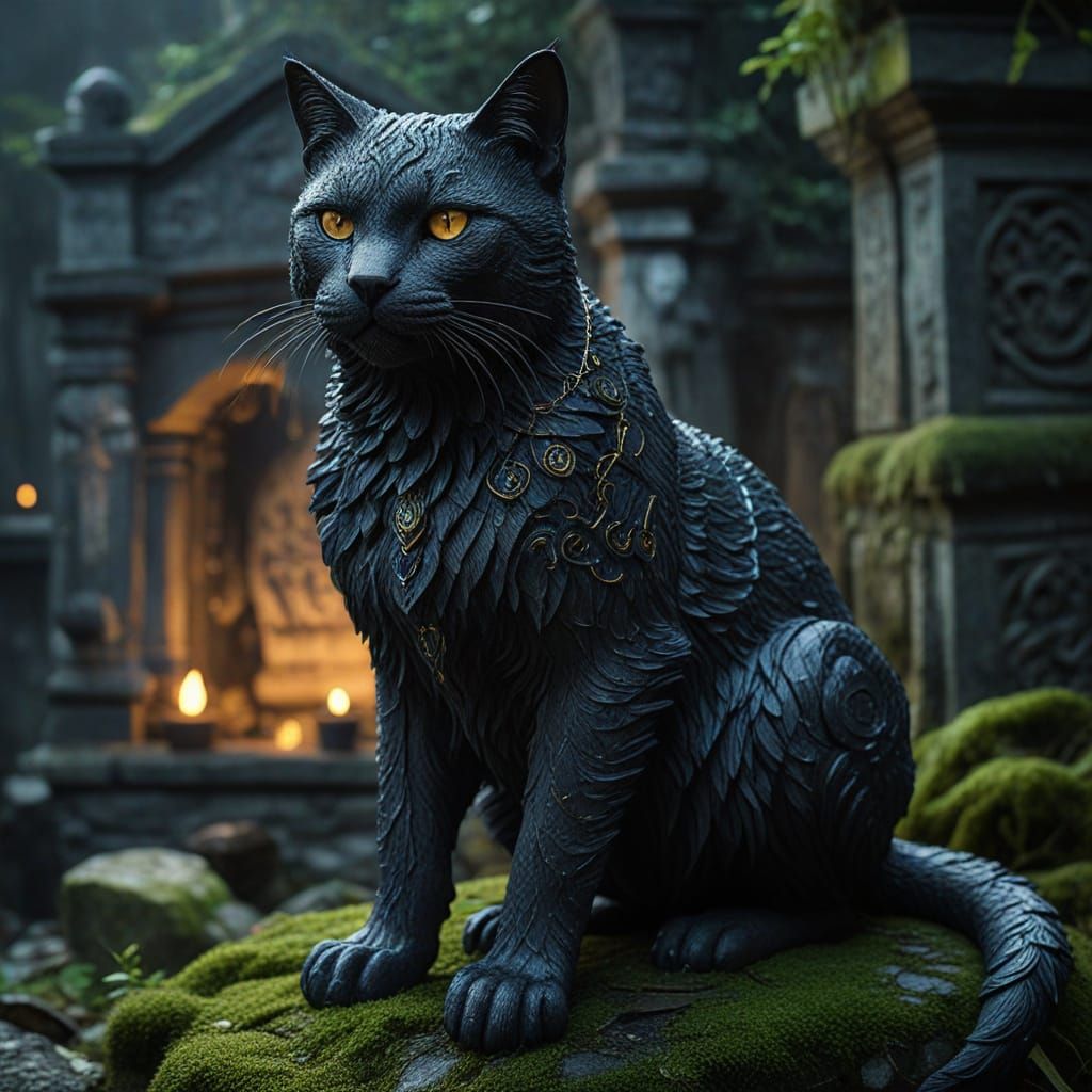 Regal Obsidian Cat with Glowing Runes on Ancient Ruin