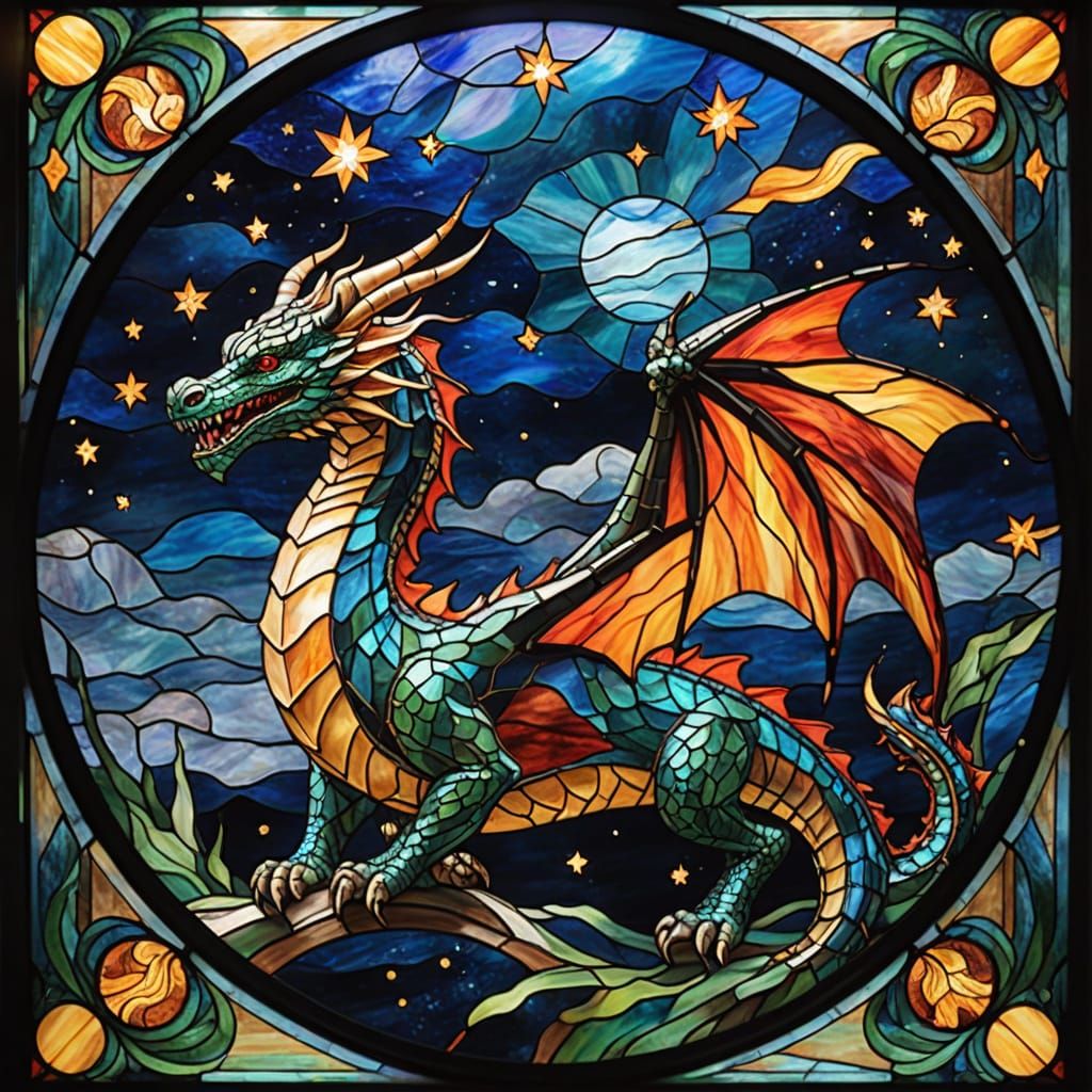 Traditional stained glass art. A celestial dragon soars through a starry night sky, its scales shimmering with iridescen...