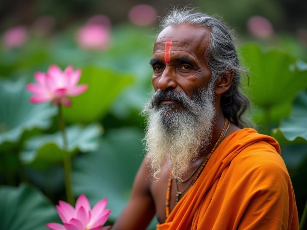 Ancient Indian Holy Man Surrounded by Vibrant Lotus Flowers