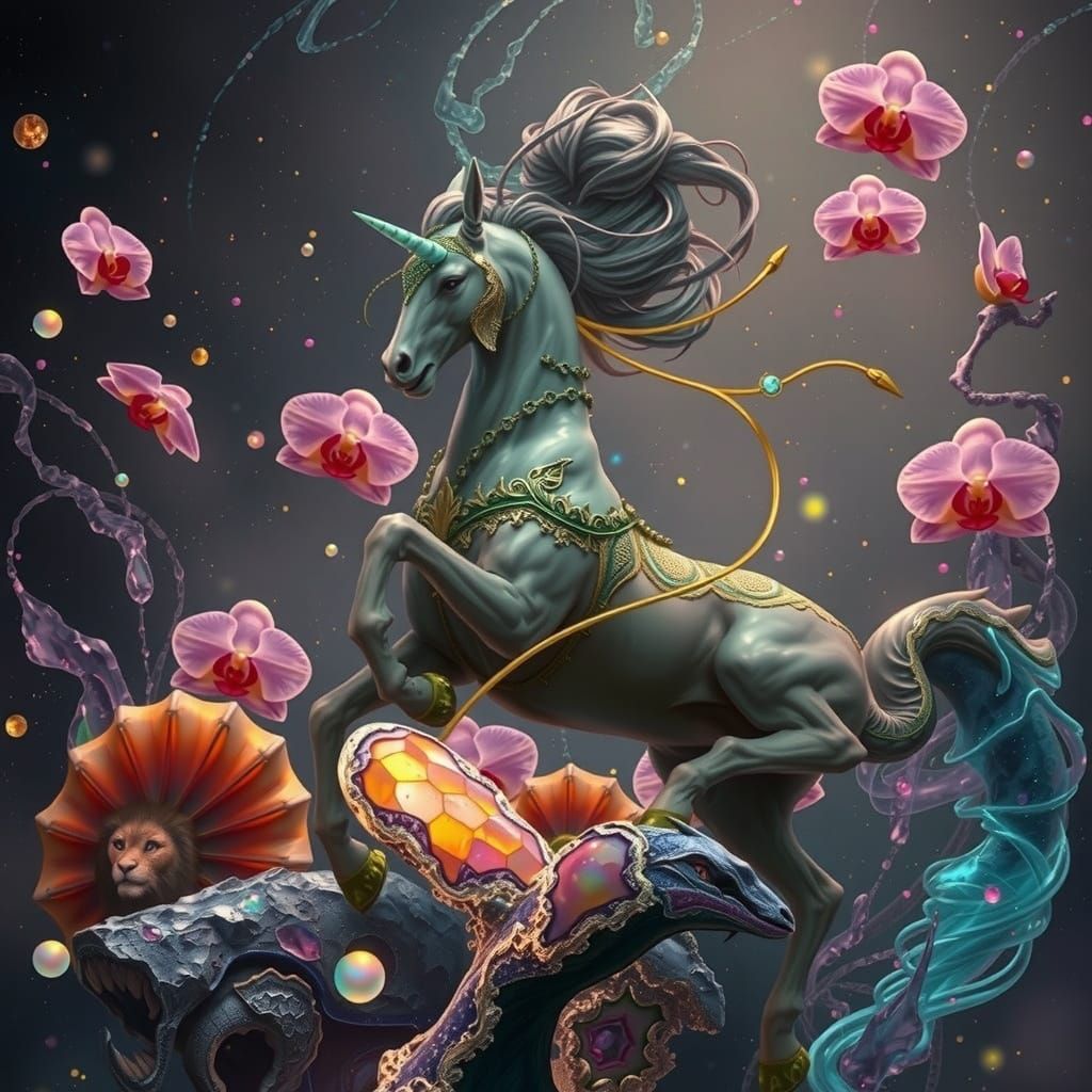 Bioluminescent Centaur in Crystal Cavern with Water Elementa...