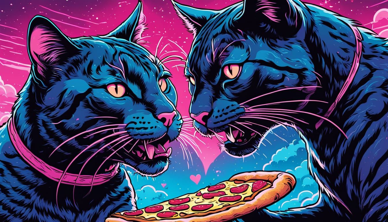 Cat and Panther's Romantic Pizza Date in Comic Style