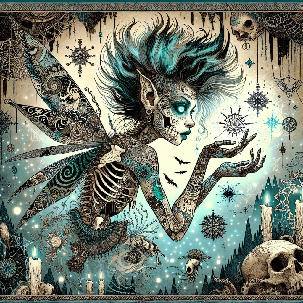 Ethereal Punk Pixie in Spooky Forest, Illustrative Style