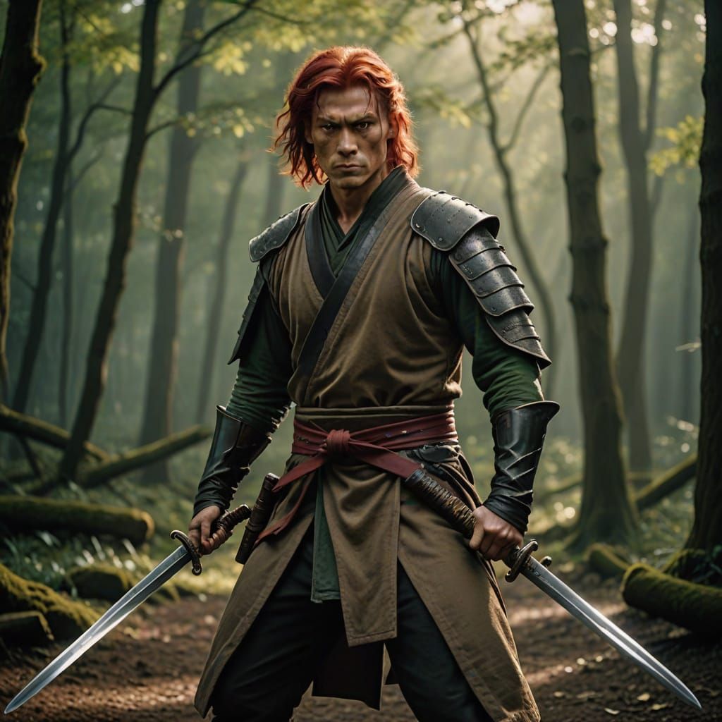 Crimson-Haired Swordsman in Cinematic Grandeur