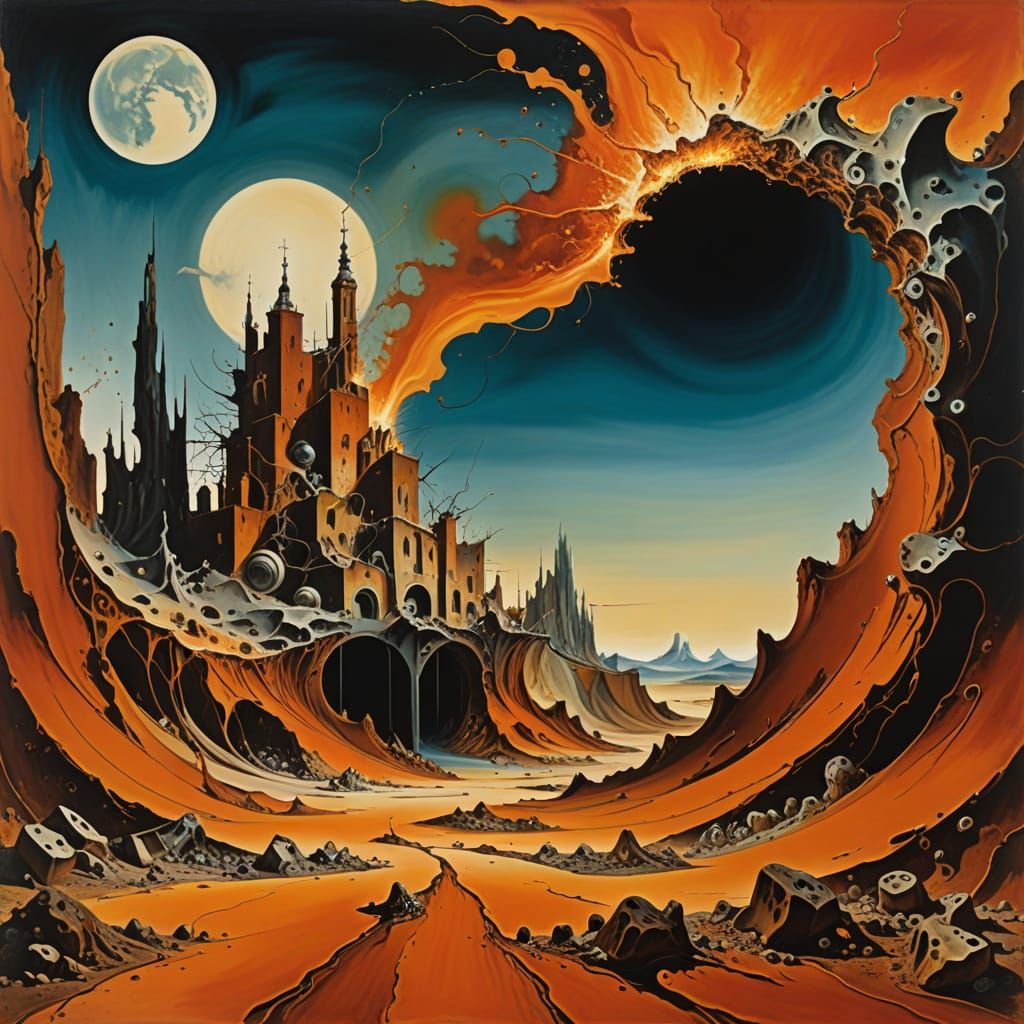 Surrealist Oil Paintings in Vibrant Orange and Rust