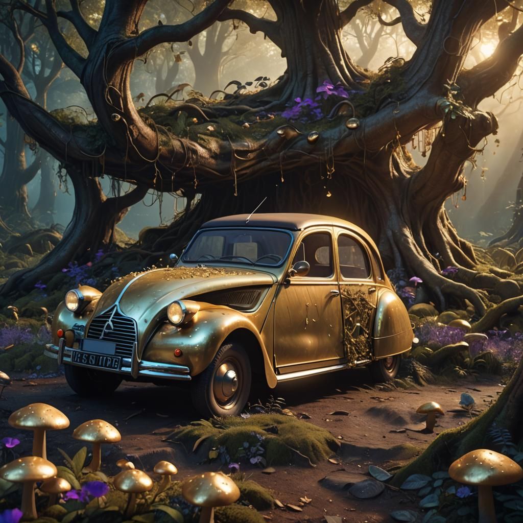Golden Citroen 2CV in Mystical Forest