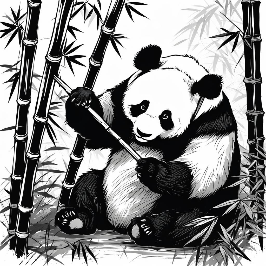 Panda Bear Enjoys Bamboo: Ink Brush Style