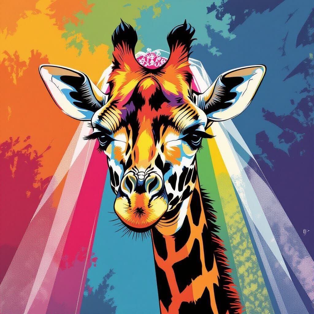 Cute Giraffe Bride Wearing Colorful Veil