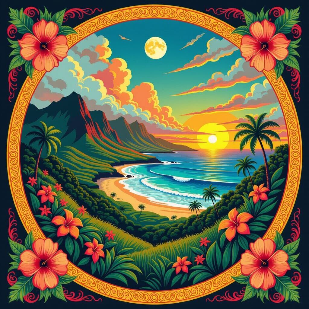 Vibrant Hawaiian Landscape with Life Motifs