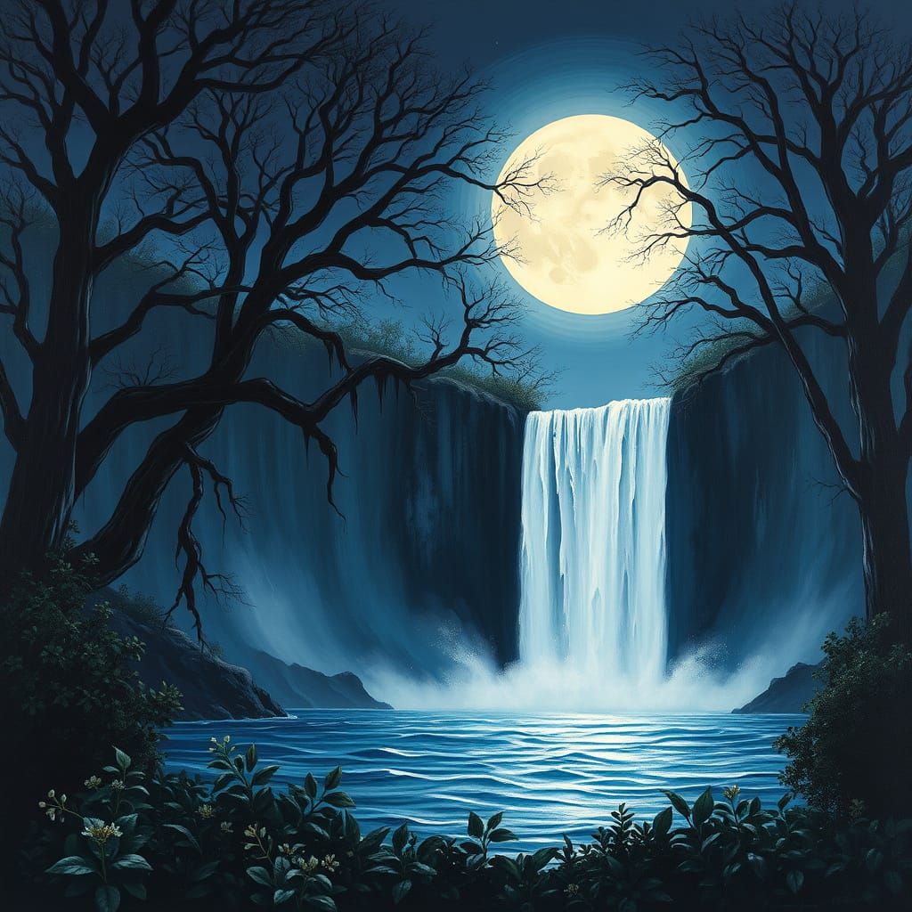 Ethereal Waterfall at Moonlit Sea in Gouache Style