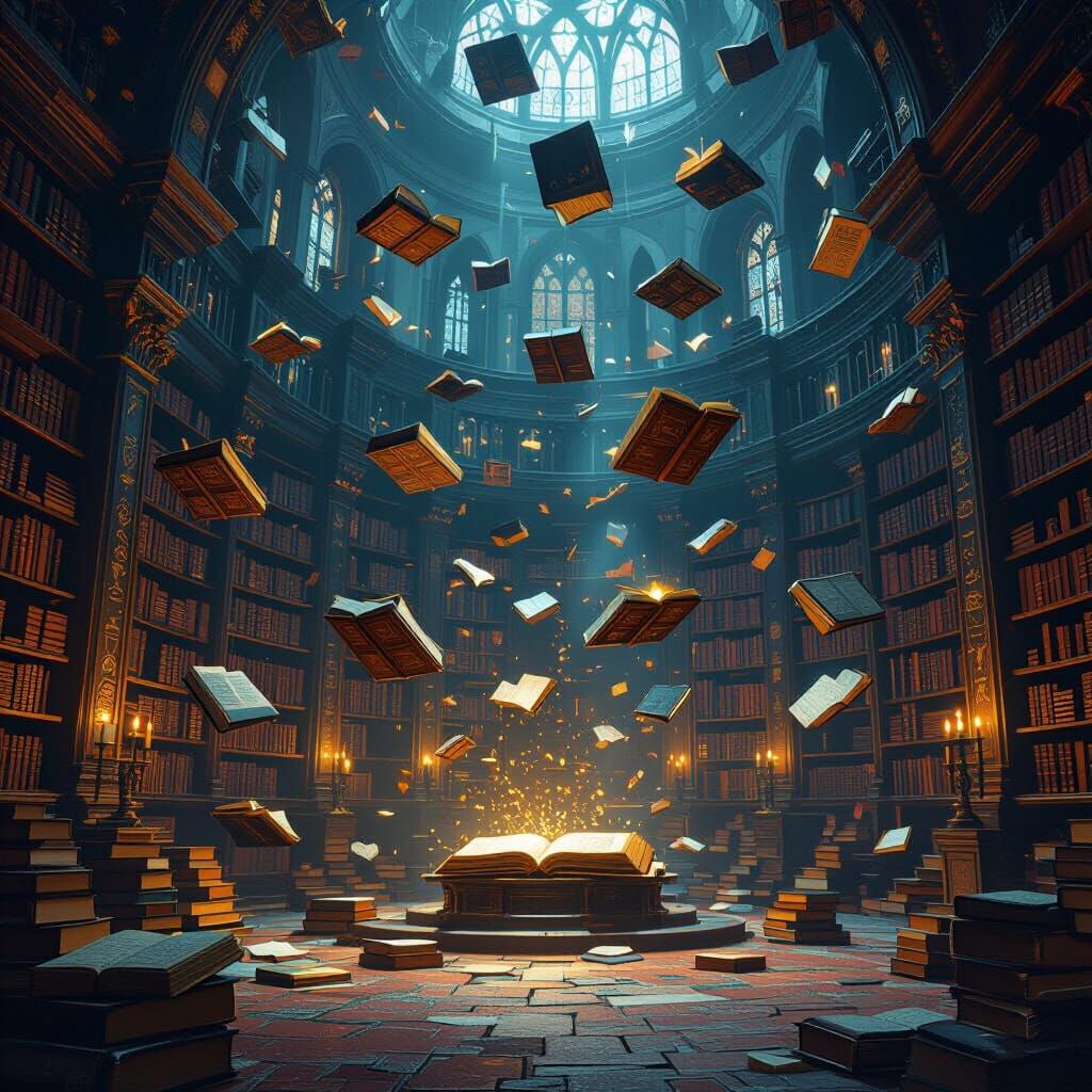 Ancient Arcane Library With Floating Books And Glowing Runes