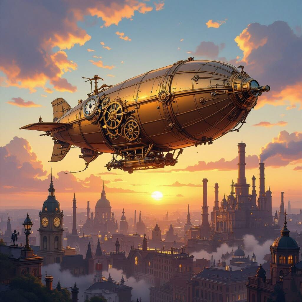 Steampunk Airship Over Metropolis in Art Nouveau Style